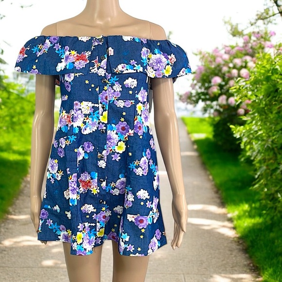 NEW Diva USA Floral Chambray Blue Flutter Sleeve Dress - Picture 5 of 16